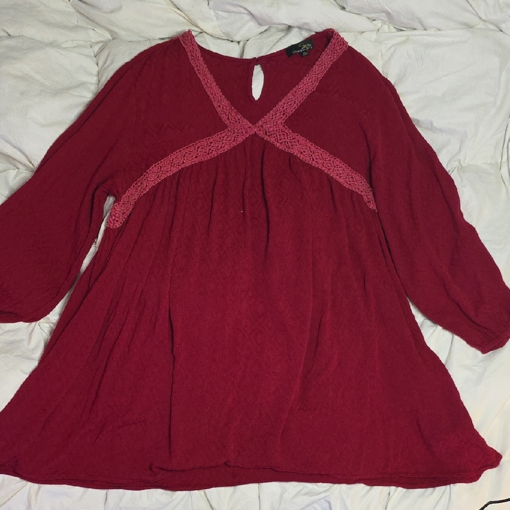 Plus Sized Burgundy Blouse with Pink Lace